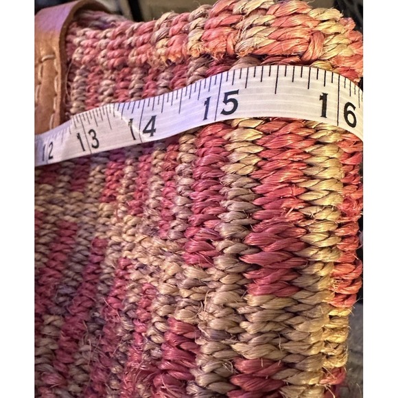 Vintage Woven Sisal Market Tote Bucket Bag Leather Straps Round Striped Boho - Picture 3 of 13